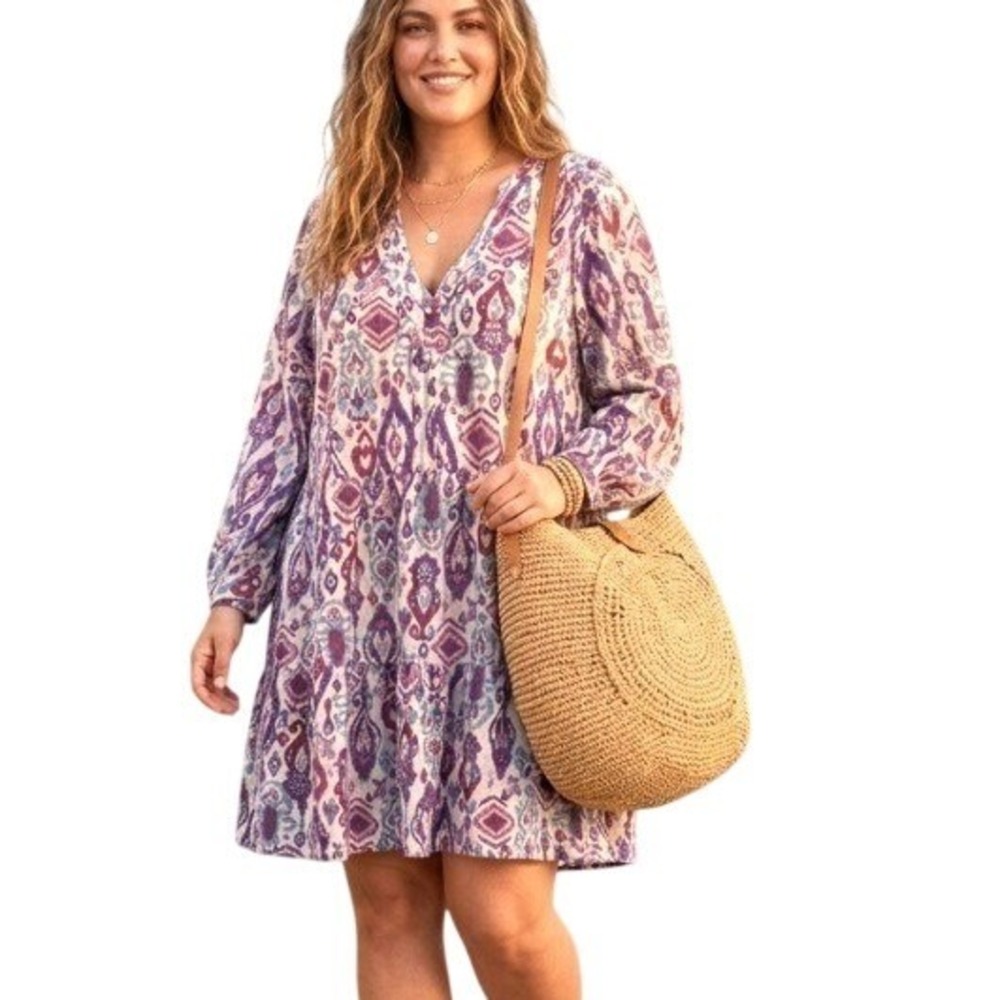 XXL Artsy Cruise Beach Purple Batik Print Paisley Midi Dress Boho Pockets